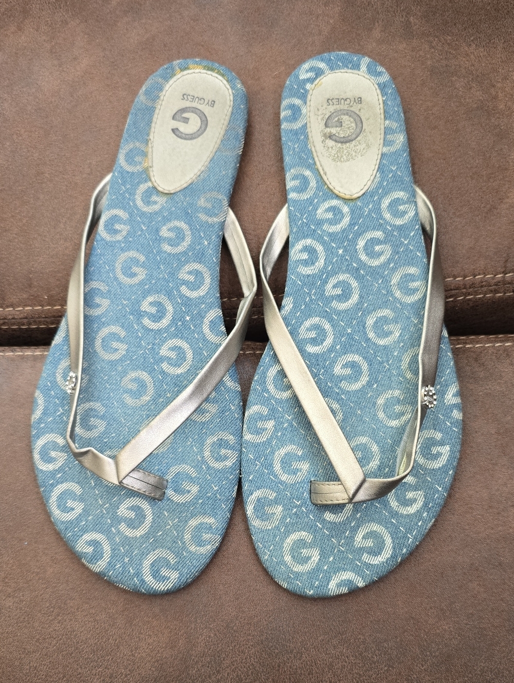 Guess Blue Denim Logo Flip Flops with Silver Straps